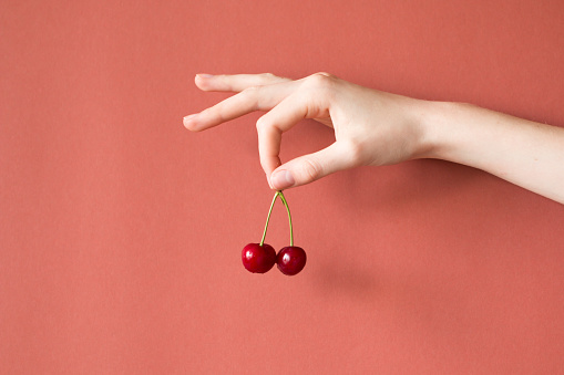 Hand holding cherries on red background , healthy raw food concept