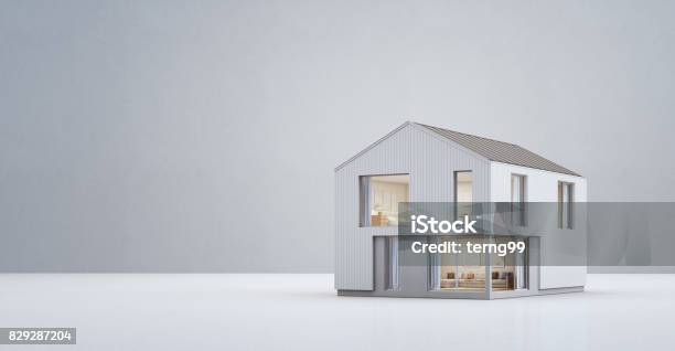 Scandinavian House In Modern Design With Copy Space New Home For Big Family On Empty White Floor And Concrete Wall Background Stock Photo - Download Image Now