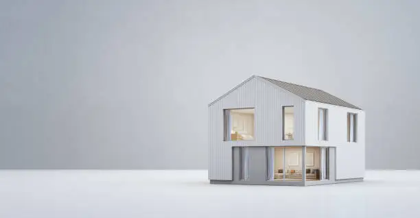 Photo of Scandinavian house in modern design with copy space, New home for big family on empty white floor and concrete wall background