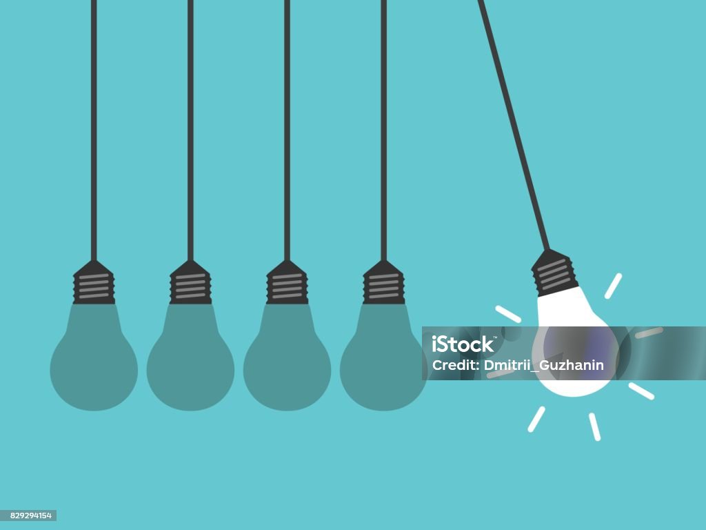 Newton cradle, light bulbs Newton's cradle with glowing light bulb and many dull ones. Idea, leadership, creativity, progress and innovation concept. Flat design. EPS 8 vector illustration, no transparency, no gradients Light Bulb stock vector