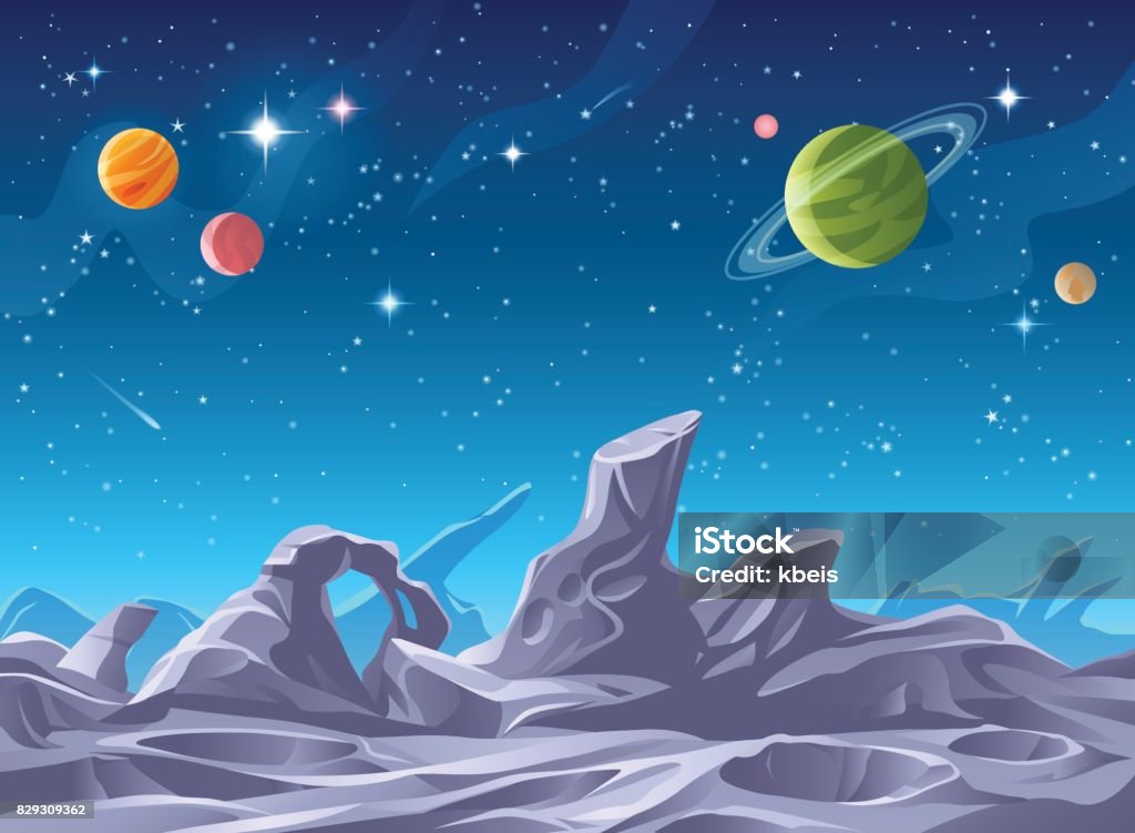 Alien Planet Surface Surface of a gray alien planet, asteroid or moon saturated with craters. In the background is a dark blue sky full of stars and planets. Vector illustration with space for text. Outer Space stock vector