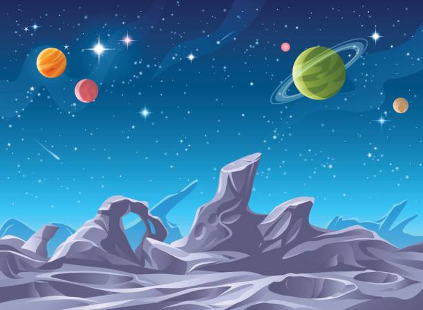 Alien Planet Surface Surface of a gray alien planet, asteroid or moon saturated with craters. In the background is a dark blue sky full of stars and planets. Vector illustration with space for text. copy space stock illustrations