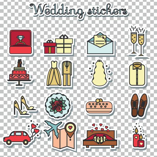 ilustrações de stock, clip art, desenhos animados e ícones de wedding stickers. marriage, engagement, honeymoon vector icons set - honeymoon wedding married engagement