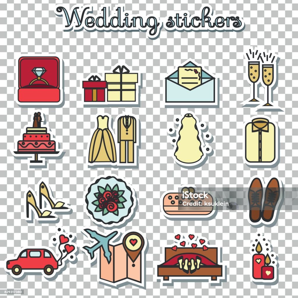 Wedding Stickers Marriage Engagement Honeymoon Vector Icons Set Stock  Illustration - Download Image Now - iStock