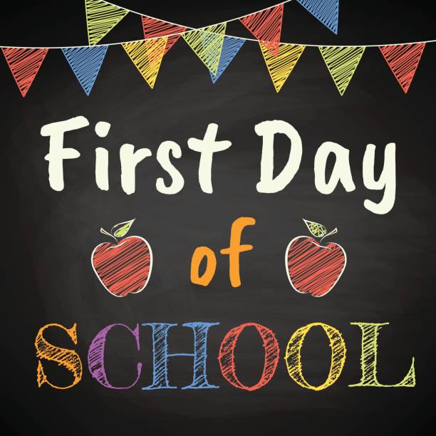 First Day of School First Day of School. Chalk text on blackboard. first day of school stock illustrations