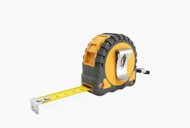 costruzione roulette rendering 3d su sfondo bianco - tape measure yellow long instrument of measurement foto e immagini stock