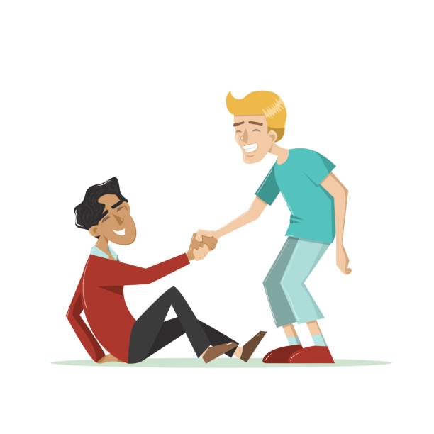 ilustraciones, imágenes clip art, dibujos animados e iconos de stock de ayudando a mano. hombre ayuda a su amigo a levantarse. - reaching human hand handshake support
