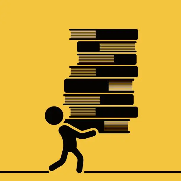 Vector illustration of Man is carrying a tall pile of books