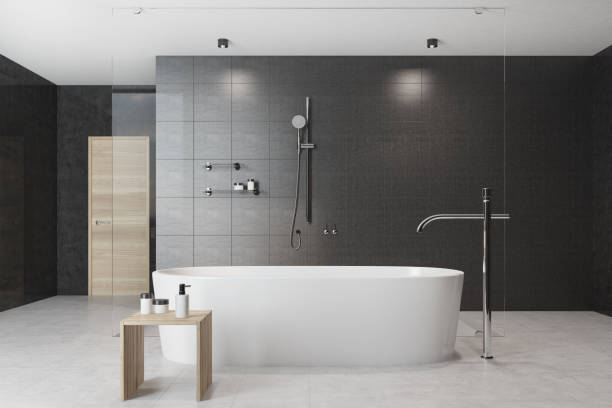 istock Black bathroom interior white tub 829351854