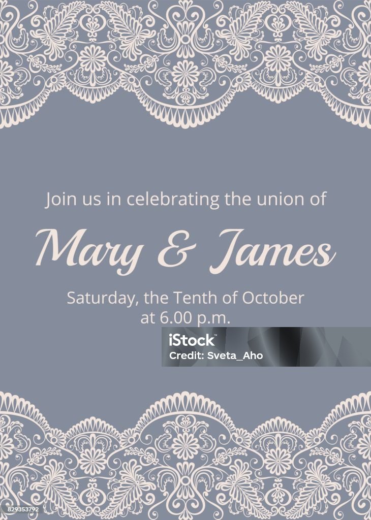 Wedding invitation template Wedding invitation template with beige lace border on gray background Abstract stock vector