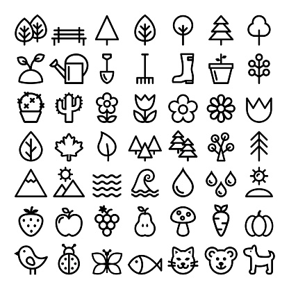 Stroke black icons set - eco, green, natural, wildlife concept