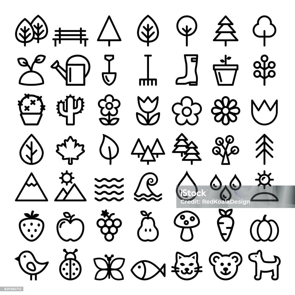 Nature vector line icons, minimalist park, animals, ecology, organic food design - big pack Stroke black icons set - eco, green, natural, wildlife concept Nature stock vector