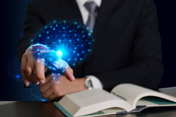 istock Businessman hand touching future sign and light blue polygon brain. 829388640