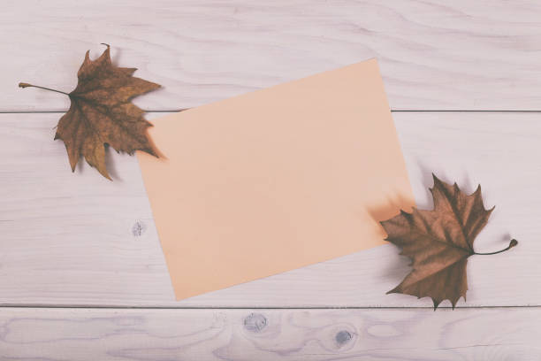 istock Empty pink paper on wooden table  with autumn leaves 829392546