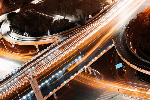 Overpass of the light trails, beautiful curves. stock photo