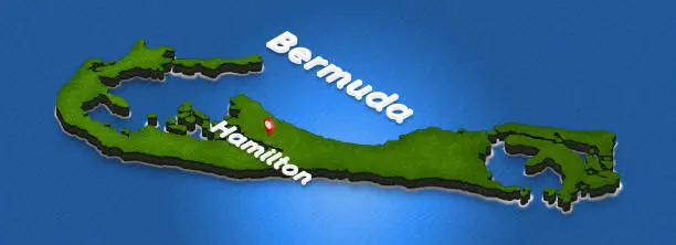 Illustration of a green ground map of Bermuda on water background. Left 3D isometric perspective projection with the name of country and capital Hamilton.
