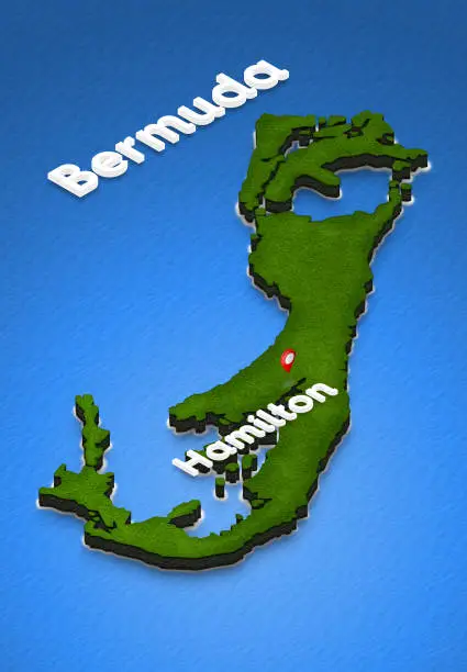 Illustration of a green ground map of Bermuda on water background. Right 3D isometric perspective projection with the name of country and capital Hamilton.