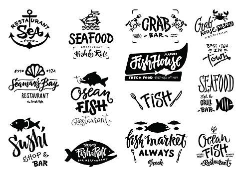 Set of hand drawn watercolor labels and badges of seafood. Vector illustrations for graphic and web design, for restaurant, menu, fish market.