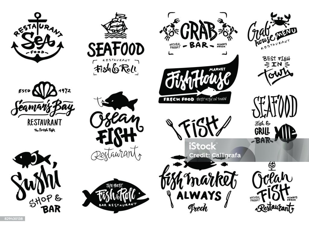 Seafood icons set Set of hand drawn watercolor labels and badges of seafood. Vector illustrations for graphic and web design, for restaurant, menu, fish market. Logo stock vector