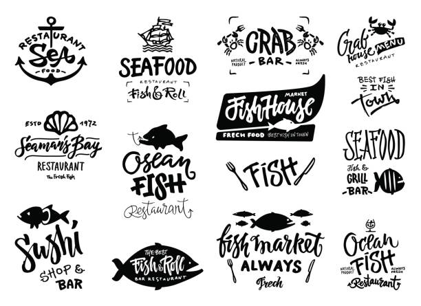 Seafood icons set Set of hand drawn watercolor labels and badges of seafood. Vector illustrations for graphic and web design, for restaurant, menu, fish market. crab seafood stock illustrations