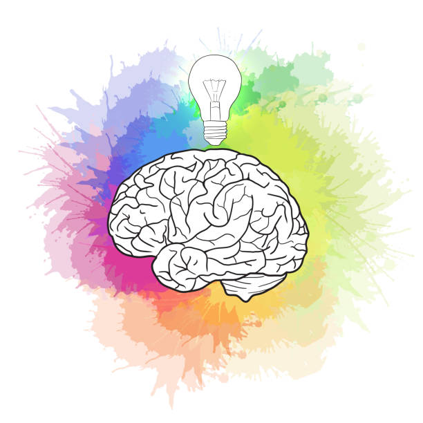 istock Linear illustration of  human brain with light bulb and rainbow watercolor sprays. 829430974