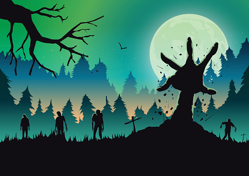 Silhouette Zombie arm reaching out from ground in a full moon night. Ideal for nightclub poster green theme