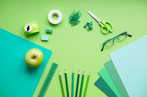 School supplies on green background.