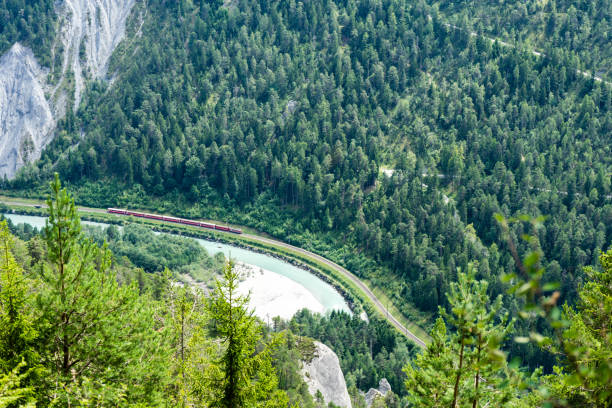 istock Train track from and glacier express seen from top 829437392