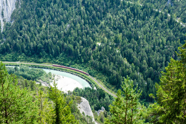 istock Train track from and glacier express seen from top 829437554