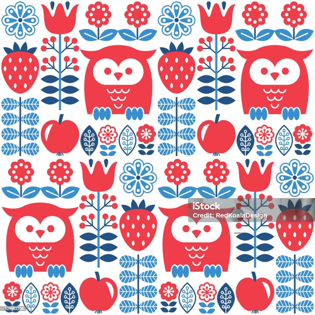 Scandinave modèle mignon sans couture avec hibou et fleur, inspiré par les suédois et finlandais folk art, style nordique - clipart vectoriel de Scandinave libre de droits