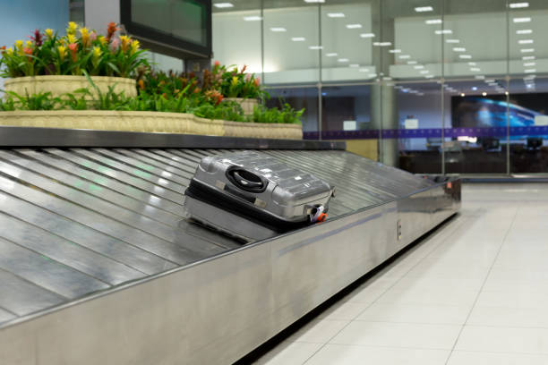 istock Luggage claim on conveyor belt 829452756