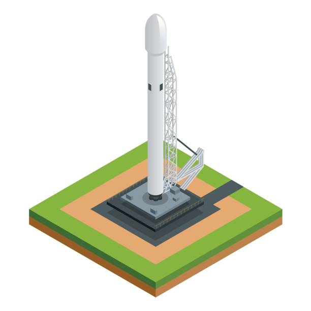 Isometric vector space rocket isolated on white the two-stage-to-orbit rocket spaceship on starting platform Isometric vector space rocket isolated on white the two-stage-to-orbit rocket spaceship on starting platform. rocket launch platform stock illustrations