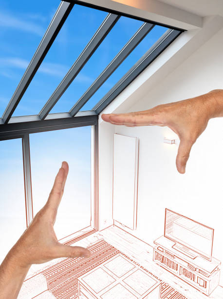 istock Drawing and planned Modern living room with large windows 829466670