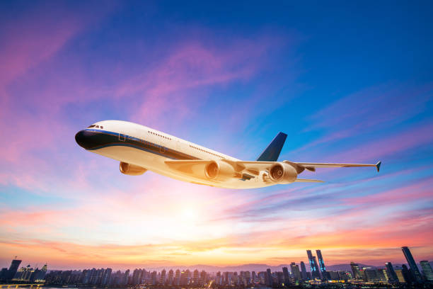istock perspective view of jet airliner in flight with bokeh background 829474148