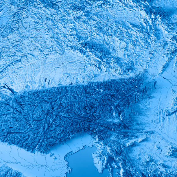 オーストリア国 3 d レンダリング地形図青 - austria map topography satellite view ストックフォトと画像
