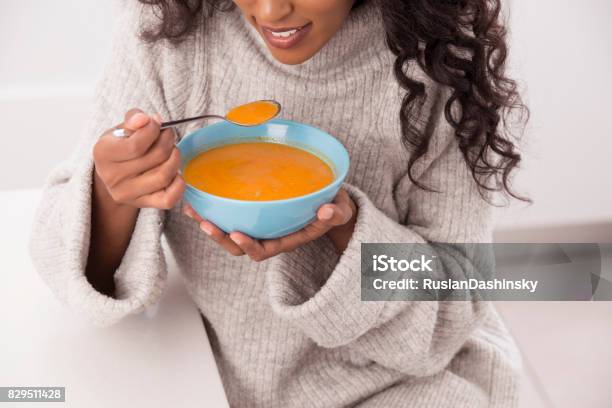 Woman Enjoy Hot Soup At Winter Stock Photo - Download Image Now - Soup, Eating, Winter