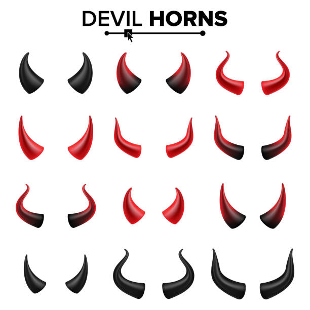 illustrazioni stock, clip art, cartoni animati e icone di tendenza di devil horns set vector. buono per la festa di halloween. illustrazione isolata del simbolo delle corna di satana - horned