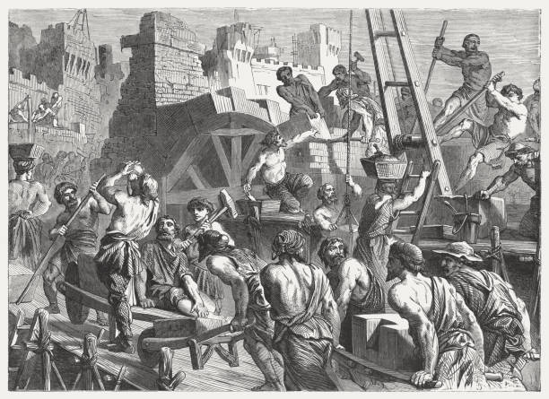 ilustrações de stock, clip art, desenhos animados e ícones de rebuilding the wall of jerusalem (nehemiah 3-4), published in 1886 - canaan valley