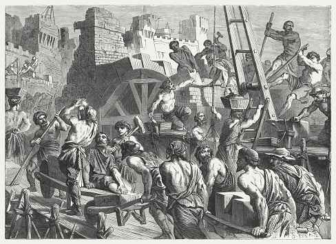 Rebuilding the Wall of Jerusalem (Nehemiah 3-4). Wood engraving, published in 1886.