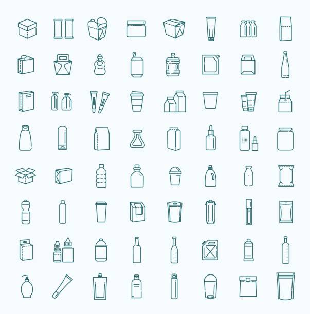 Bottle, packaging collection - vector Packaging, icons set. For packaging products and materials, vector line illustration. juice drink illustrations stock illustrations