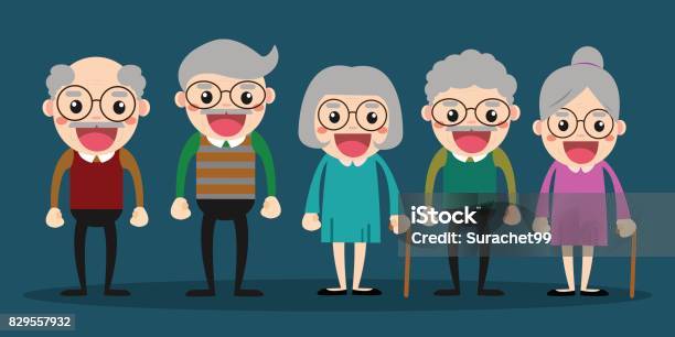 Group Of Elderly People Stand Together On Background Vector Illustration In Creative Flat Vector Character Design Stock Illustration - Download Image Now