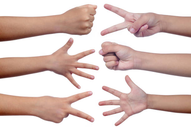 Child's hands making sign as rock paper and scissors in isolated white background