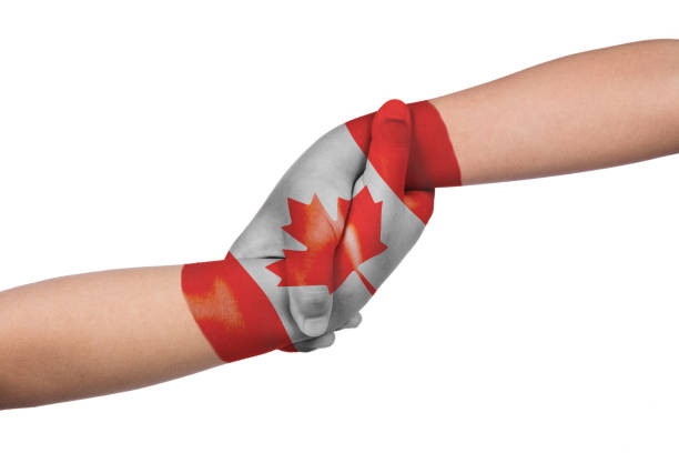Helping hands of two children with Canada flag painted in isolated white background