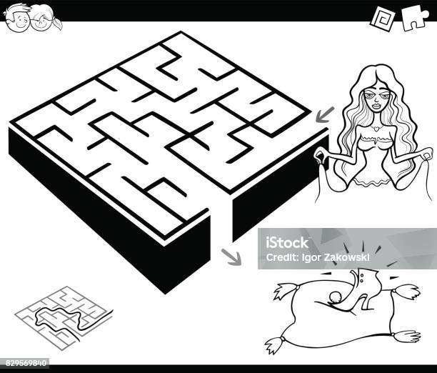 Maze Activity Game With Cinderella Stock Illustration - Download Image Now - Black And White, Book, Building Entrance