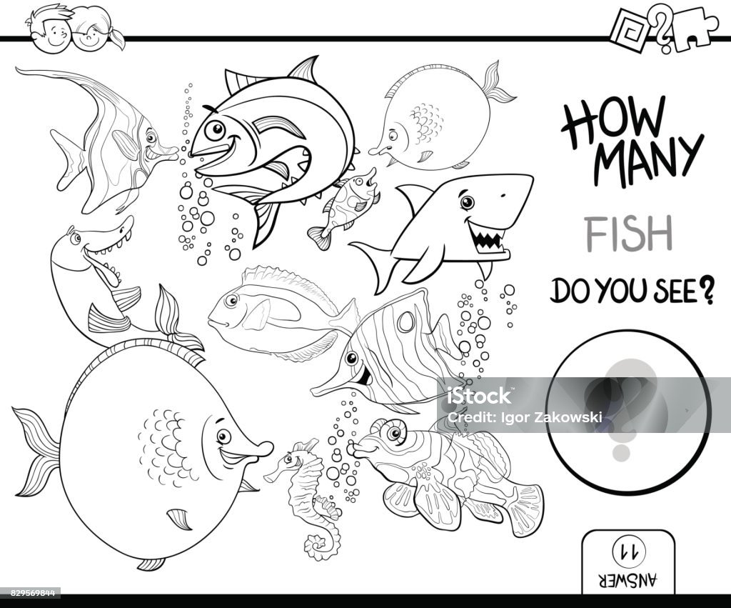 counting fish coloring book activity Black and White Cartoon Illustration of Educational Counting Activity Game for Children with Fish Sea Life Animal Characters Coloring Page Puzzle stock vector