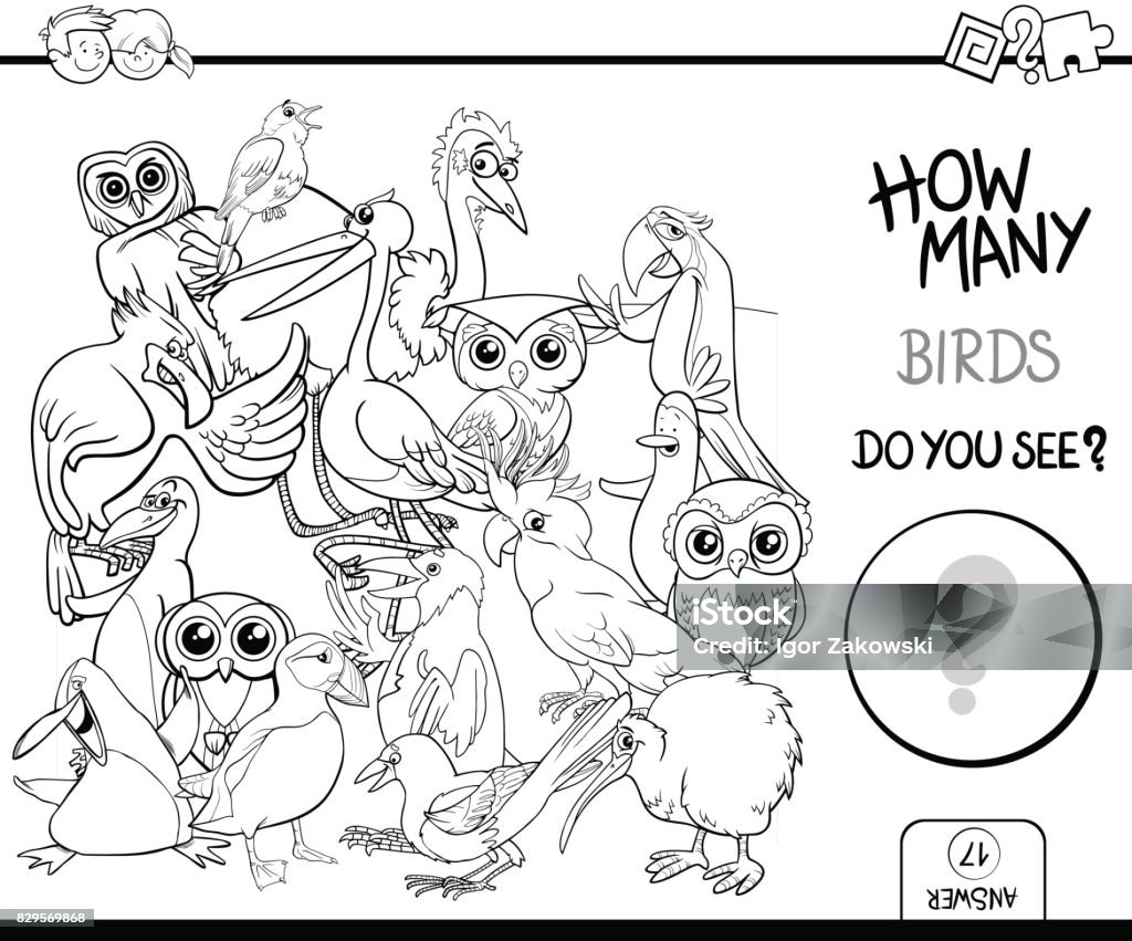 counting birds coloring page activity Black and White Cartoon Illustration of Educational Counting Activity Game for Children with Bird Characters Coloring Page Drawing - Activity stock vector
