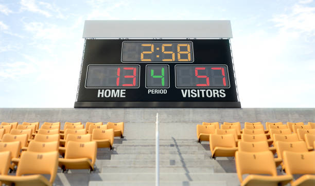 Sports Stadium Scoreboard A stadium scoreboard screen above the stands in the day time showing the home side losing - 3D render scoreboard stadium sport seat stock pictures, royalty-free photos & images