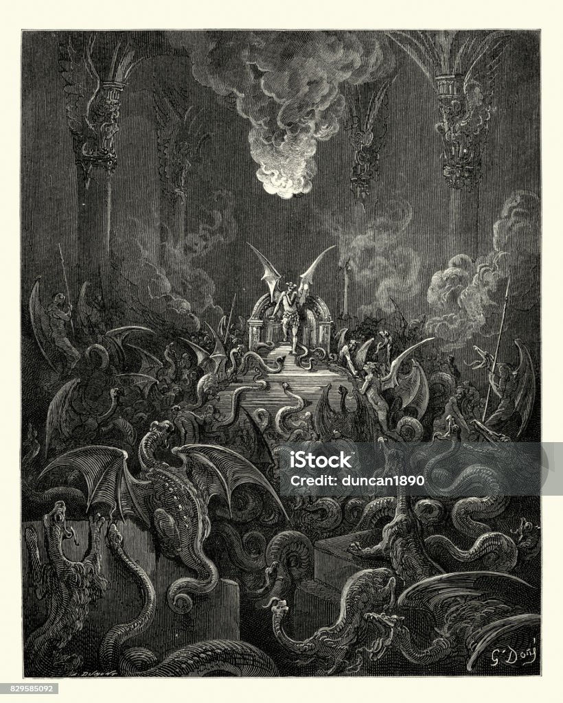 Milton's Paradise Lost - Dreadful was the din Vintage engraving by Gustave Dore, from Milton's Paradise Lost. Dreadful was the din, Of hissing through the hall, thick swarming now,With complicated monsters, head and tail. Devil stock illustration