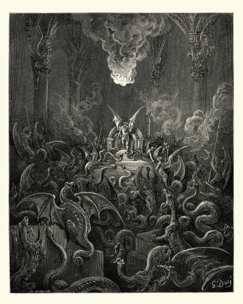Milton's Paradise Lost - Dreadful was the din Vintage engraving by Gustave Dore, from Milton's Paradise Lost. Dreadful was the din, Of hissing through the hall, thick swarming now,With complicated monsters, head and tail. woodcut illustrations stock illustrations