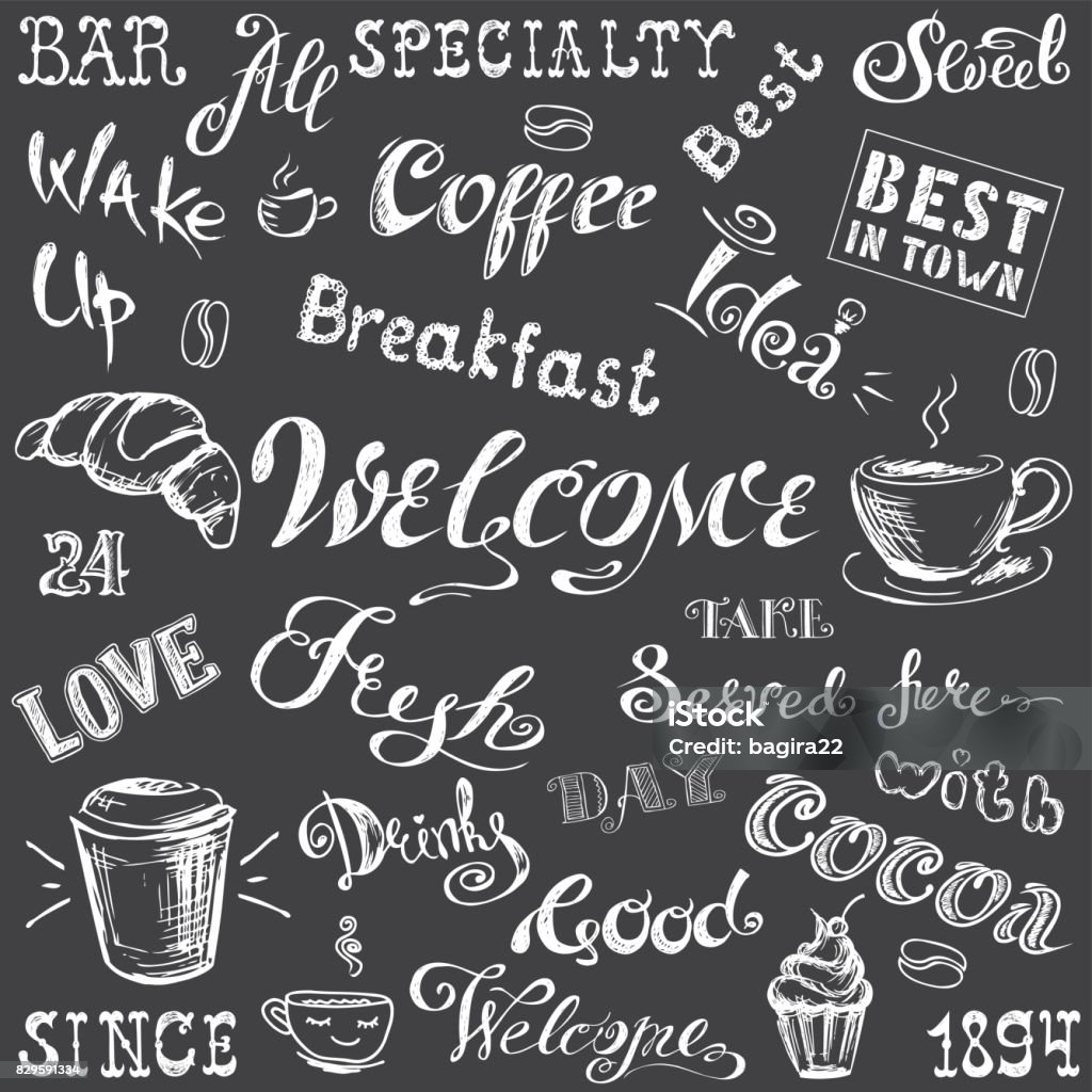 Cofee Lettering Collection Coffee Lettering And Elements Hand Drawn White On B Stock ...